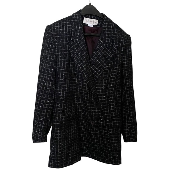 Jones New York Jackets & Blazers - Vtg Jones New York Black & Metallic Silver Fully-Lined Mid-Thigh Blazer Women 6